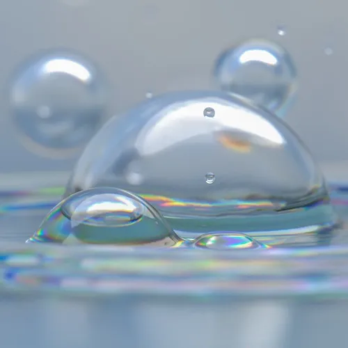 Shiny bubbles on a reflective surface.