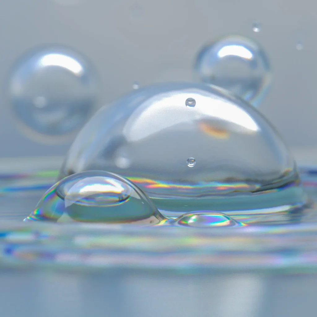 Shiny bubbles on a reflective surface
