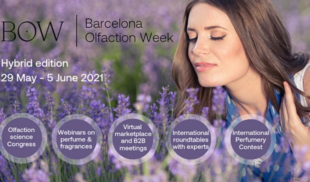 Barceloan Olfaction Week cover, with a woman smelling lavender plants