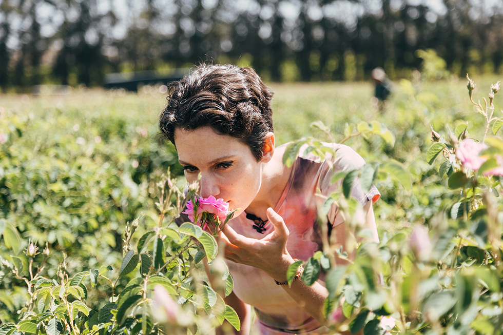 Professional perfumer examining flowers in field.