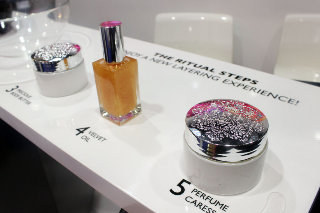 Cosmetics display with layering products.