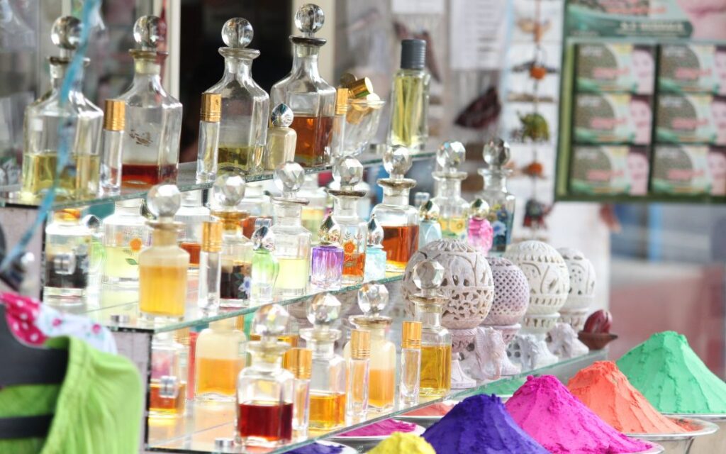 Colourful spices and fragrant perfumes displayed.