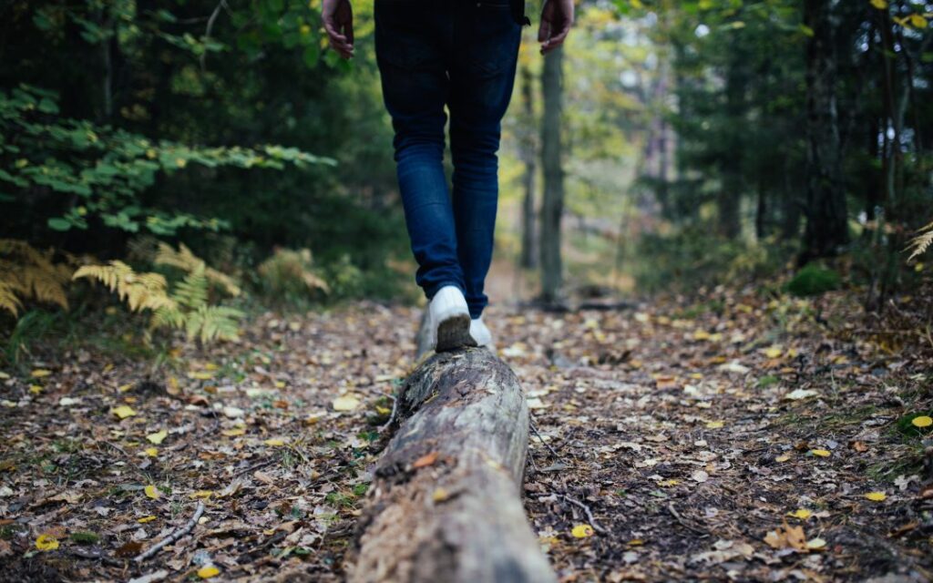Person walking along a fallen log