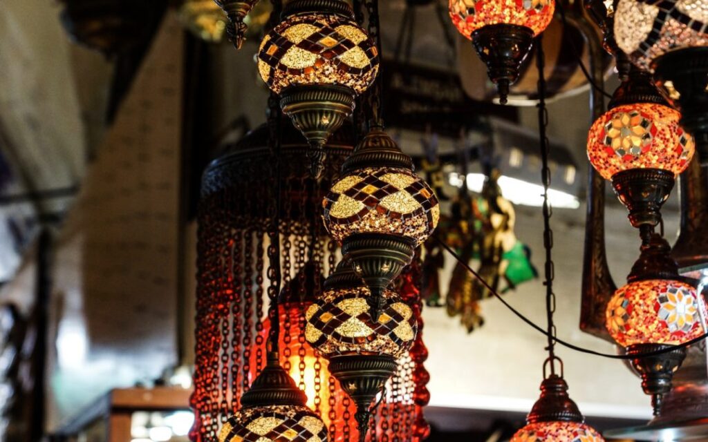 Colourful hanging mosaic middle-eastern lamps