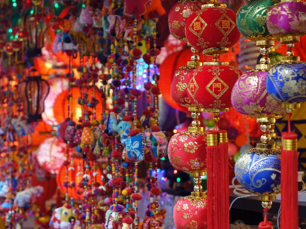 Colourful asian lanterns and decorations displayed