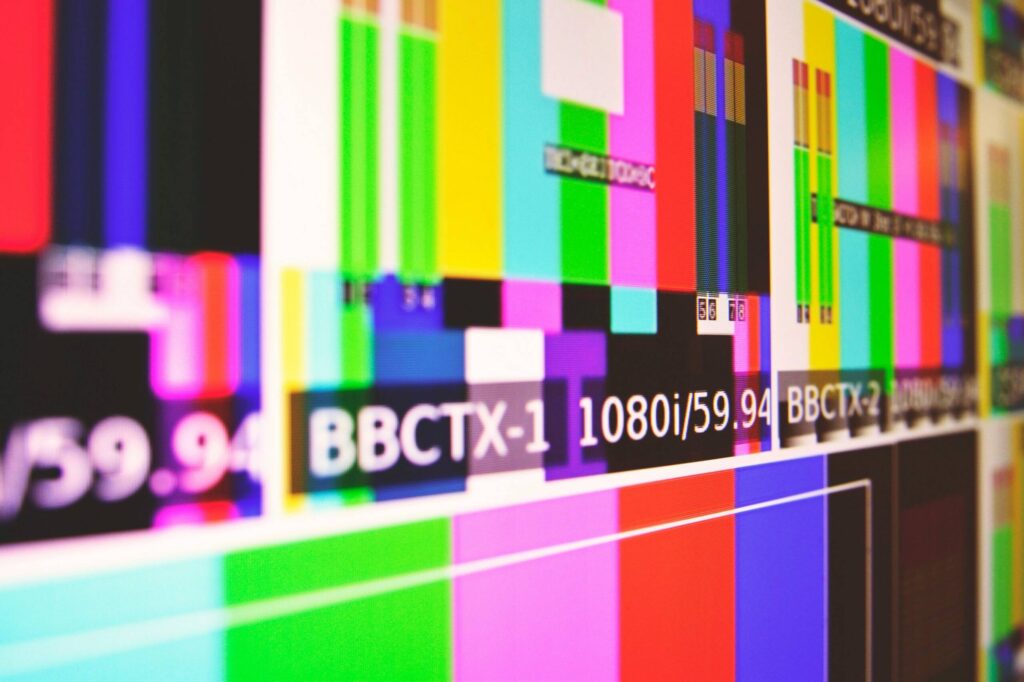 Colourful test card display on screen